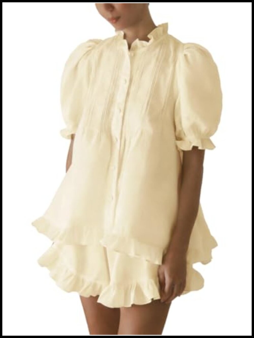 Women's 100% Cotton Ruffle Short Set Puff Sleeve Button Down 2 Piece Outfit